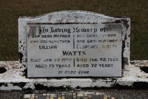 Lillian WATTS  | d: 22 Jan 1980 aged 79  | Burial ID (left/south) 3885A  | Plot location (left/south) Position 56 Row 8 Section D  |   | Clarence Joseph WATTS  | d: 22 Jan 1980 aged 72  | Burial ID (right/north) 3884A  | Plot location (right/north) Position 55 Row 8 Section D  |   | Gladstone Cemetery  | Copyright 2021 Hoylen Sue  |   | 