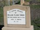 William Elson GREEN, died 14 Mar 1943 aged 13 months; Mary Catherine ELSON-GREEN, nee SHINE, 20-5-1911 - 19-6-1999, mother of Elin Thomson, Margaret Silva, William (decd) & Kerry SHINE (nephew); Glamorgan Vale Cemetery, Esk Shire 