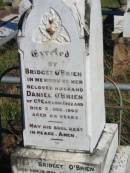 Daniel O'BRIEN, of County Carlow, Ireland, died 3 Dec 1903 aged 64 years, husband, erected by Bridget O'BRIEN; Bridget O'BRIEN, died 18 Nov 1926 aged 92 years; Catherine O'BRIEN, died 17 May 1953 aged 82 years; Stephen O'BRIEN, died 1-3-1933; Catherine Louisa O'BRIEN, died 28-7-1949; parents of Daniel Joseph O'BRIEN, grandparents of Mary, Stephen, Carmel, John, Paul; Glamorgan Vale Cemetery, Esk Shire 
