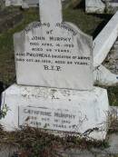 
John MURPHY, died 14 April 1920 aged 66 years;
Philomena, died 25 Oct 1934 aged 29 years, daughter;
Catherine MURPHY, died 18 Oct 1943 aged 82 years;
Glamorgan Vale Cemetery, Esk Shire
