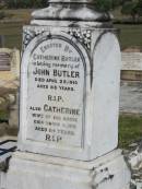 
John BUTLER, died 25 April 1910 aged 83 years;
Catherine BUTLER, died 4 Mar 1912 aged 84 years, wife;
Glamorgan Vale Cemetery, Esk Shire
