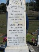 Francis MCLOUGHLIN, died 3 Oct 1923 aged 64 years; Lelia (Bub) MCLOUGHLIN, died 31 May 1921 aged 23 years; Mary MCLOUGHLIN, died 11 Dec 1949 aged 86 years; Glamorgan Vale Cemetery, Esk Shire 