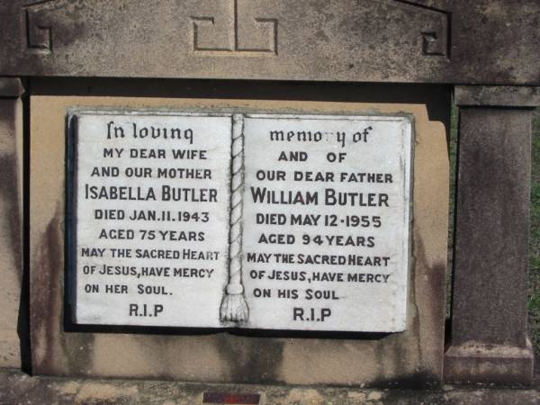 Isabella BUTLER; 11 Jan 1943; aged 75  | William BUTLER; 12 May 1955; aged 94  | Glamorganvale Cemetery, Esk Shire  | 