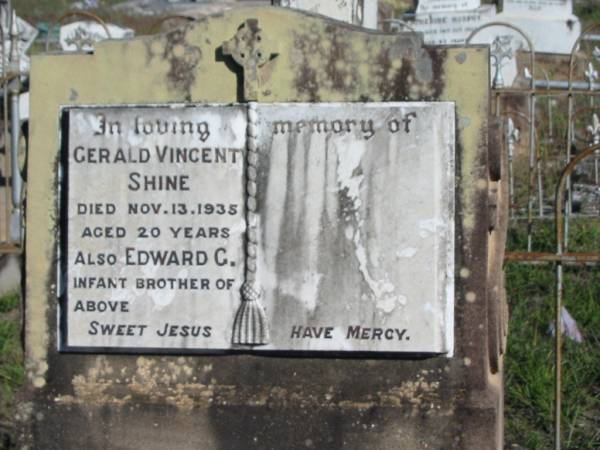 Gerald Vincent SHINE, died 13 Nov 1935 aged 20 years;  | Edward C., infant brother;  | Glamorgan Vale Cemetery, Esk Shire  | 