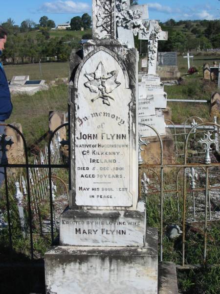 John FLYNN, of Hugginstown, County Kilkenny, Ireland, died 5 Dec 1901 aged 70 years, wife Mary FLYNN;  | Glamorgan Vale Cemetery, Esk Shire  | 