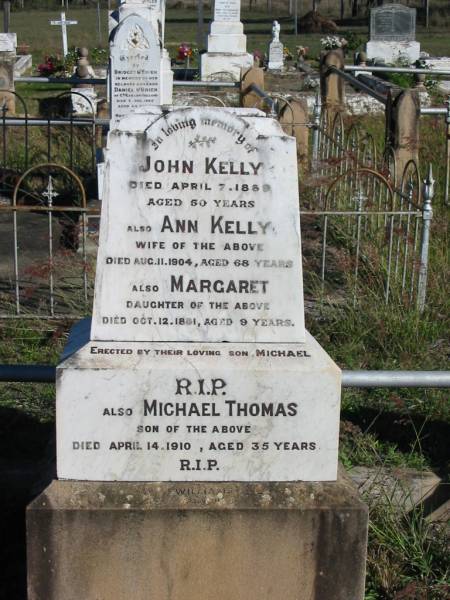 John KELLY, died 7 Aprile 1889 aged 50 years;  | Ann KELLY, died 11 Aug 1904 aged 68 years, wife;  | Margaret, died 12 Oct 1881 aged 9 years, daughter;  | Glamorgan Vale Cemetery, Esk Shire  | 