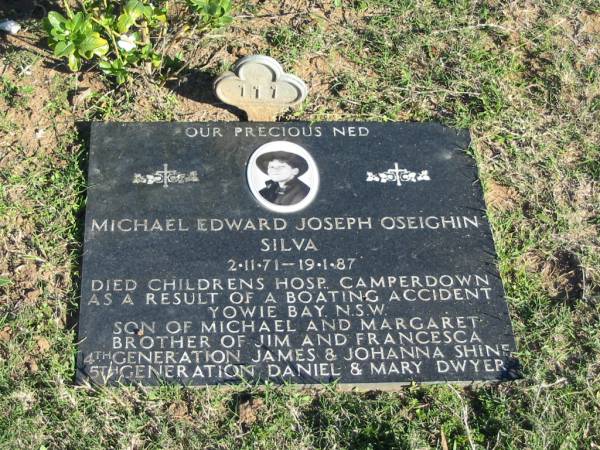 (Ned) Michael Edward Joseph O'Seighin SILVA; b: 2 Nov 71; d: 19 Jan 87  | died childrens hosp Camperdown as a result of a boating accident Yowie Bay, NSW  | son of Michael and Margaret, brother of Jim and Francesca, 4th generation James and Johanna SHINE, 5th generation Daniel and Mary DWYER  | Glamorgan Vale Cemetery, Esk Shire  | 