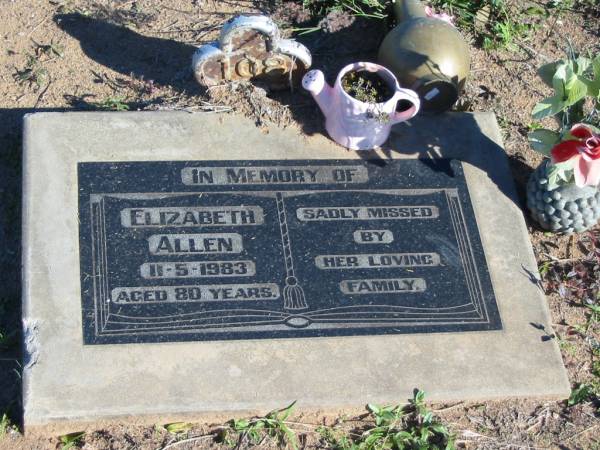 Elizabeth ALLEN; 11 May 1983; aged 80  | Glamorgan Vale Cemetery, Esk Shire  | 