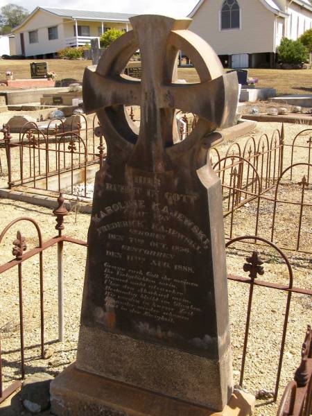 Karoline KAJEWSKI,  | wife of Frederick KAJEWSKI,  | born 7 Oct 1856,  | died 11 Aug 1888;  | Glencoe Bethlehem Lutheran cemetery, Rosalie Shire  | 