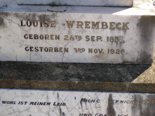 Friedrich WREMBECK,  | born 1 Jan 1851,  | died 6 May 1915;  | Louise WREMBECK,  | born 28 Sep 1851,  | died 3 Nov 1926,  | Glencoe Bethlehem Lutheran cemetery, Rosalie Shire  | 