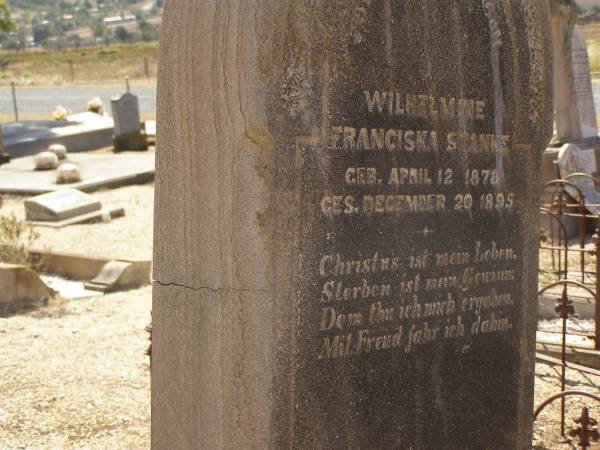 Wilhelmine Franciska STANKE,  | born 12 April 1878,  | died 20 Dec 1895;  | Glencoe Bethlehem Lutheran cemetery, Rosalie Shire  | 