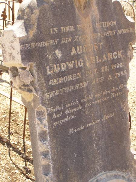 August Ludwig BLANCK,  | born 23 Oct 1820,  | died 5 Aug 1895;  | Glencoe Bethlehem Lutheran cemetery, Rosalie Shire  | 