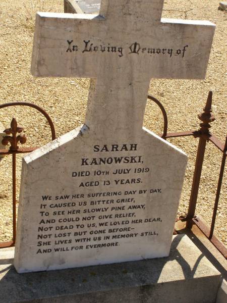 Sarah KANOWSKI,  | died 10 July 1919 aged 13 years;  | Glencoe Bethlehem Lutheran cemetery, Rosalie Shire  | 