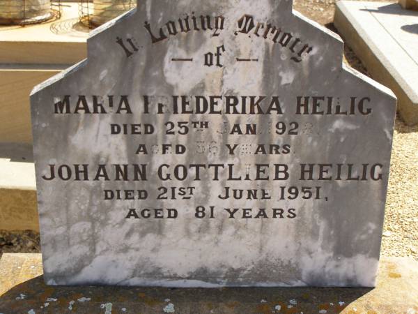 Maria Friederika HEILIG,  | died 25 Jan 1928 aged 56 years;  | Johann Gottlieb HEILIG,  | died 21 June 1951 aged 81 years;  | Glencoe Bethlehem Lutheran cemetery, Rosalie Shire  | 