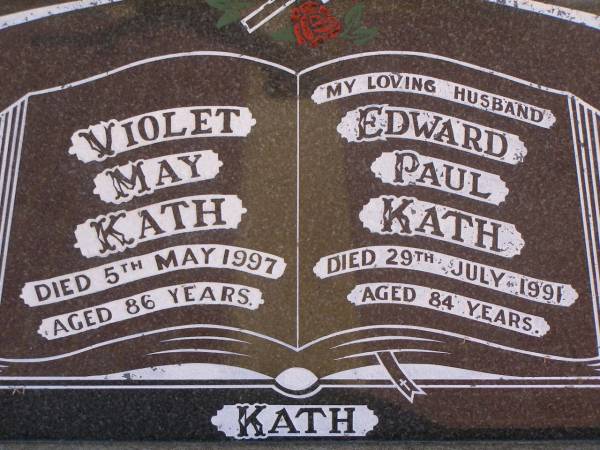 Violet May KATH,  | died 5 May 1997 aged 86 years;  | Edward Paul KATH,  | husband,  | died 29 July 1991 aged 84 years;  | Glencoe Bethlehem Lutheran cemetery, Rosalie Shire  | 