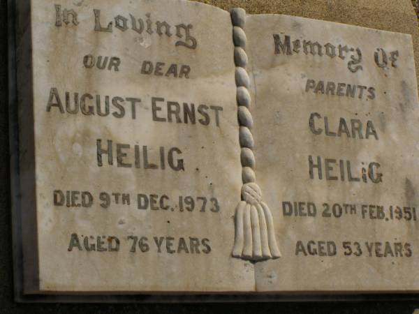 parents;  | August Ernest HEILIG,  | died 9 Dec 1973 aged 76 years;  | Clara HEILIG,  | died 20 Feb 1951 aged 53 years;  | Glencoe Bethlehem Lutheran cemetery, Rosalie Shire  | 