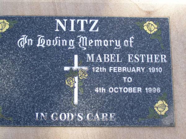 Mabel Esther NITZ,  | 12 Feb 1910 - 4 Oct 1996;  | Glencoe Bethlehem Lutheran cemetery, Rosalie Shire  | 