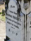 
Daniel BEGLEY, father,
native of County Armagh Ireland,
died 29 Aug 1915 aged 77 years;
Bridget, wife mother,
native of County Armagh Ireland,
died 14 Oct 1916 aged 76 years;
Thomas BEGLEY, son,
died 10 Oct 1939 aged 78 years;
Gleneagle Catholic cemetery, Beaudesert Shire
