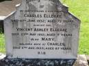 Charles ELLERAY, husband father, died 16 June 1932 aged 75 years; Vincent Ashley ELLERAY, son, died 23 May 1912 aged 7 years; Mary, wife of Charles, died 11 Aug 1955 aged 87 years; Gleneagle Catholic cemetery, Beaudesert Shire 