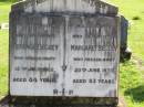 
Terence BEGLEY, husband father,
died 13 July 1962 aged 84 years;
Margaret BEGLEY, wife mother,
died 20 June 1970 aged 83 years;
Gleneagle Catholic cemetery, Beaudesert Shire
