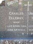 
Charles (Chas) ELLERAY,
died 28 April 1963 aged 64 years;
John Roland ELLERAY,
died 20 Nov 1964 aged 62 years;
Gleneagle Catholic cemetery, Beaudesert Shire
