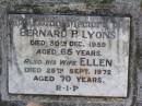Bernard P. LYONS, died 30 Dec 1959 aged 65 years; Ellen, wife, died 25 Sept 1972 aged 70 years; Gleneagle Catholic cemetery, Beaudesert Shire 