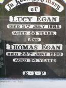 Lucy EGAN, died 5 July 1985 aged 88 years; Thomas EGAN, died 28 June 1990 aged 94 years; Gleneagle Catholic cemetery, Beaudesert Shire 