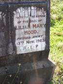 
Mary Alice BURKE, mother,
died 26 Dec 1934;
Lilian Mary HOOD,
died 13 Nov 1963;
Gleneagle Catholic cemetery, Beaudesert Shire
