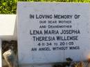 
Lena Maria Josepha Theresia WILLEMSE,
mother grandmother,
4-11-34 - 20-1-05;
Gleneagle Catholic cemetery, Beaudesert Shire
