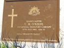 C.M. O'KEEFE, died 27 July 2002 aged 77 years; Gleneagle Catholic cemetery, Beaudesert Shire 