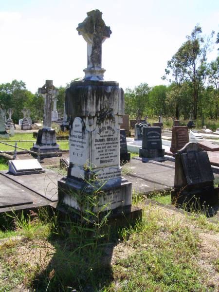 Daniel BEGLEY, father,  | native of County Armagh Ireland,  | died 29 Aug 1915 aged 77 years;  | Bridget, wife mother,  | native of County Armagh Ireland,  | died 14 Oct 1916 aged 76 years;  | Thomas BEGLEY, son,  | died 10 Oct 1939 aged 78 years;  | Gleneagle Catholic cemetery, Beaudesert Shire  | 