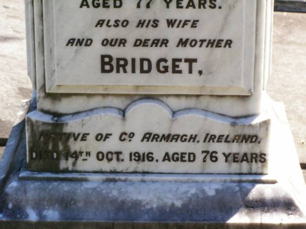 Daniel BEGLEY, father,  | native of County Armagh Ireland,  | died 29 Aug 1915 aged 77 years;  | Bridget, wife mother,  | native of County Armagh Ireland,  | died 14 Oct 1916 aged 76 years;  | Thomas BEGLEY, son,  | died 10 Oct 1939 aged 78 years;  | Gleneagle Catholic cemetery, Beaudesert Shire  | 