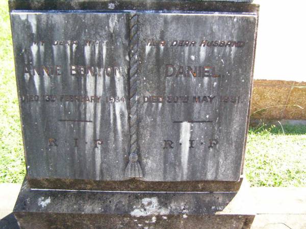 Annie BENYON, wife,  | died 13 Feb 1934;  | Daniel, husband,  | died 30 May 1951;  | Gleneagle Catholic cemetery, Beaudesert Shire  | 