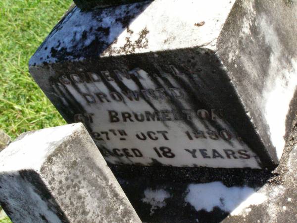 Nellie O'KEEFFE, sister,  | born Loterville County Cork,  | accidentally drowned Bromelton  | 27 Oct 1890 aged 18 years;  | Gleneagle Catholic cemetery, Beaudesert Shire  | 