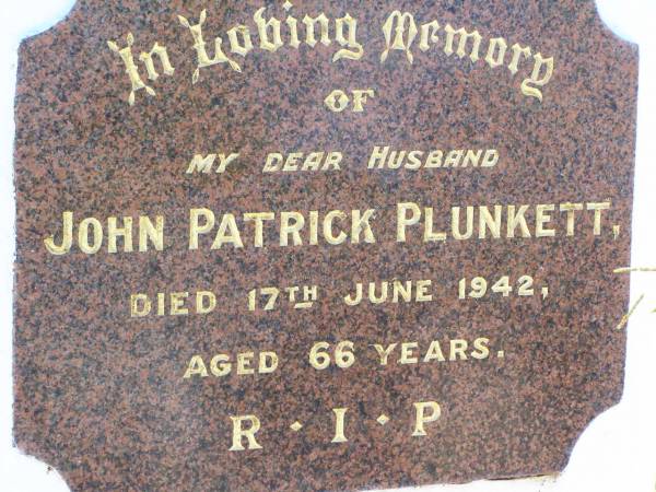 John Patrick PLUNKETT, husband,  | died 17 June 1942 aged 66 years;  | Gleneagle Catholic cemetery, Beaudesert Shire  | 