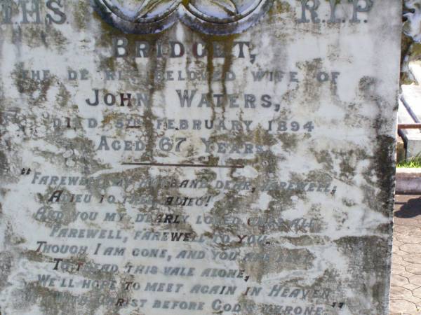 Bridget, wife of John WATERS,  | died 5 Feb 1894 aged 67 years;  | John WATERS, father,  | died 28 May 1895 aged 74 years;  | Gleneagle Catholic cemetery, Beaudesert Shire  | 