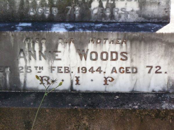 Edward WOODS, husband father,  | died 6 June 1937 aged 72 years;  | Annie WOODS, mother,  | died 25 Feb 1944 aged 72 years;  | Gleneagle Catholic cemetery, Beaudesert Shire  | 