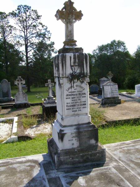 Jeremiah DUNN, father,  | died 22 Oct 1920 aged 79 years;  | Elizabeth DUNN, mother,  | died 10 July 1923 aged 84 years;  | Jeremiah, son,  | died 9 July 1900;  | Gleneagle Catholic cemetery, Beaudesert Shire  | 