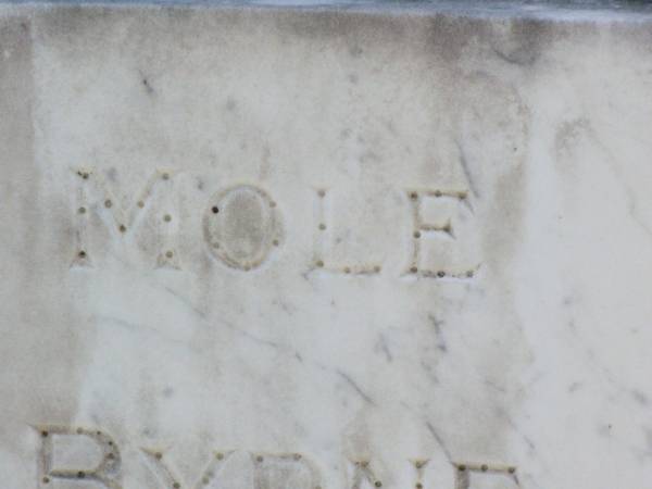 Mole BYRNE,  | died 23 Sept 1966 aged 87 years;  | Bessie, wife of Mole BYRNE,  | died 18 July 1952 aged 64 years;  | Gleneagle Catholic cemetery, Beaudesert Shire  | 
