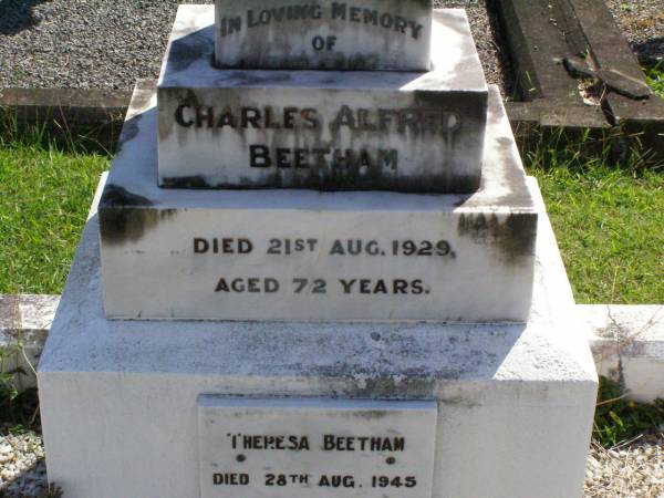 Charles Alfred BEETHAM,  | died 21 Aug 1929 aged 72 years;  | Theresa BEETHAM,  | died 28 Aug 1945;  | Marian Evelyn BEETHAM,  | died 23 May 1962;  | Gleneagle Catholic cemetery, Beaudesert Shire  | 