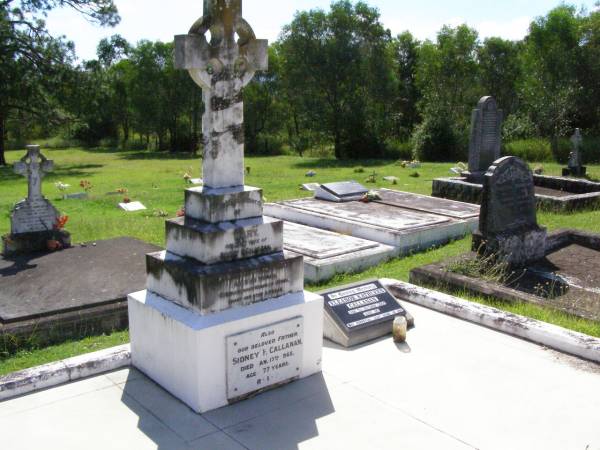 Mary, wife of Sidney F. CALLANAN,  | died 20 Feb 1980 aged 41 years;  | Sidney F. CALLANAN, father,  | died 17 Jan 1965 aged 77 years;  | Elleanor Kathleen CALLANAN,  | died 7 Oct 2001 aged 86;  | Gleneagle Catholic cemetery, Beaudesert Shire  | 