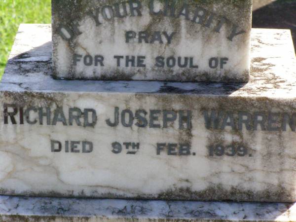 Richard Joseph WARREN,  | died 9 Feb 1939;  | Cecilia Mary WARREN,  | died 30 Dec 1961;  | Gleneagle Catholic cemetery, Beaudesert Shire  | 