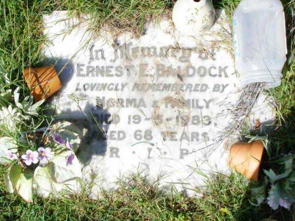 Ernest E. BALDOCK,  | died 19-5-1983 aged 68 years;  | remember by Norma & family;  | Gleneagle Catholic cemetery, Beaudesert Shire  | 