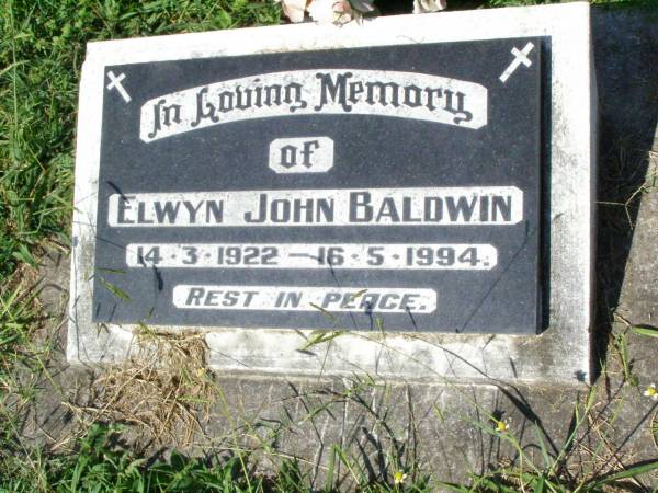 Elwyn John BALDWIN,  | 14-3-1922 - 16-5-1994;  | Gleneagle Catholic cemetery, Beaudesert Shire  | 