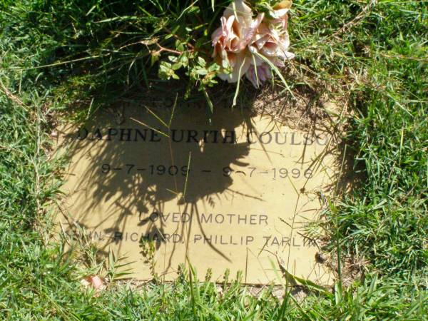 Daphne Urith COULSON,  | 9-7-1909 - 9-7-1996,  | mother of Kevin, Richard,Phillip, Tarlin??;  | Gleneagle Catholic cemetery, Beaudesert Shire  | 