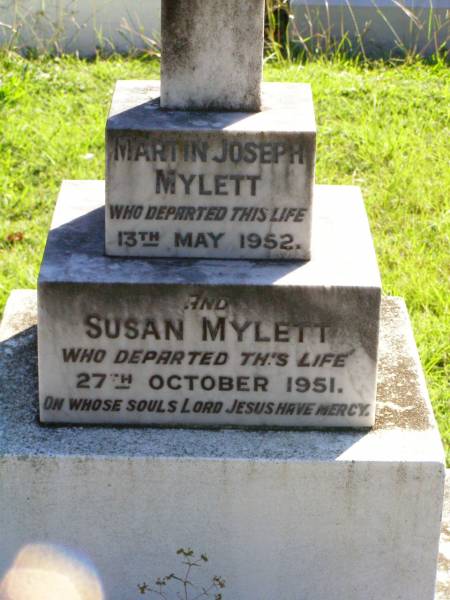 Martin Joseph MYLETT,  | died 13 May 1952;  | Susan MYLETT,  | died 27 Oct 1951;  | Gleneagle Catholic cemetery, Beaudesert Shire  | 