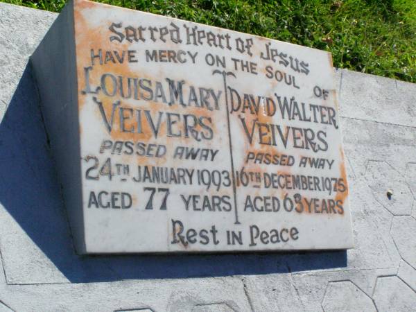 Louisa Mary VEIVERS,  | died 24 Jan 1993 aged 77 years;  | David Walter VEIVERS,  | died 16 Dec 1975 aged 63 years;  | Gleneagle Catholic cemetery, Beaudesert Shire  | 