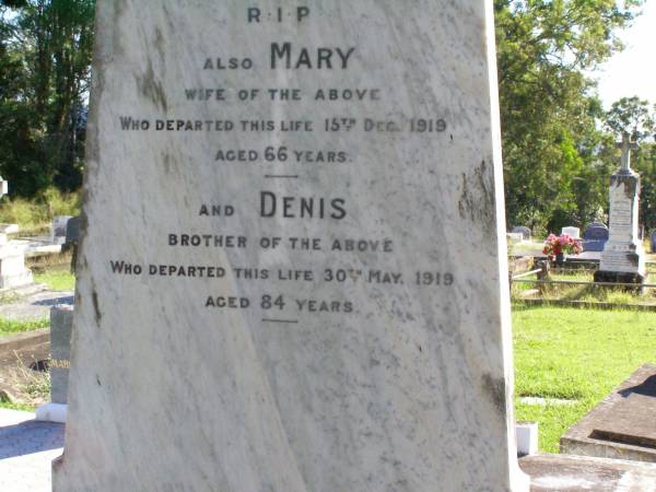 Michael DWYER,  | husband of Mary DWYER,  | born County Limerick Ireland 4 Nov 1838,  | died 7 Jan 1910 aged 71 years,  | erected by wife, family, brother Denis;  | Mary, wife,  | died 15 Dec 1919 aged 66 years;  | Denis, brother,  | died 30 May 1919 aged 84 years;  | Gleneagle Catholic cemetery, Beaudesert Shire  | 