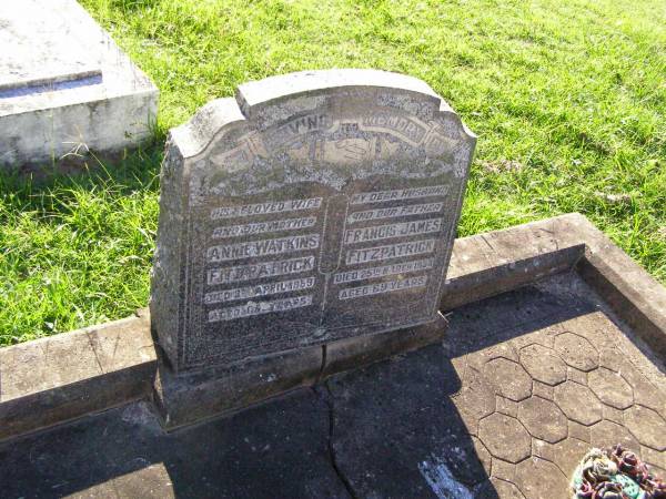 Annie Watkins FITZPATRICK, wife mother,  | died 25? April 1959 aged 69? years;  | Francis James FITZPATRICK, husband father,  | died 25 March 1954 aged 69 years;  | Gleneagle Catholic cemetery, Beaudesert Shire  | 