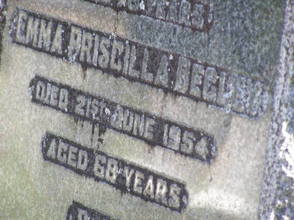 William BEGLEY,  | died 10 Aug 1950 aged 76 years;  | Emma Priscilla BEGLEY,  | died 21 June 1954 aged 68 years;  | Gleneagle Catholic cemetery, Beaudesert Shire  | 